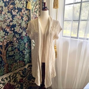 Cream / Beige Cable Knit Long Cardigan with Short Sleeves, Plus Size